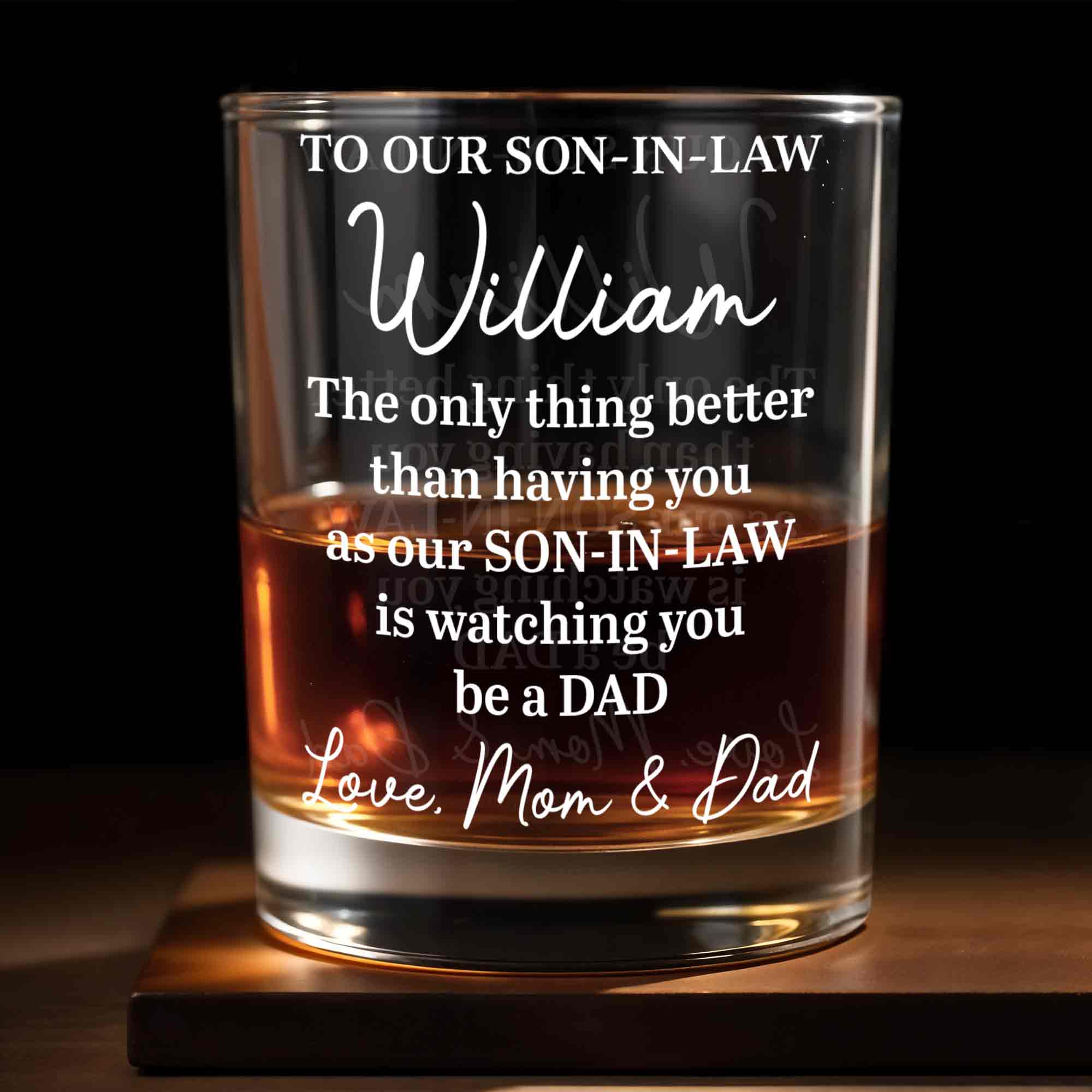 To Our Son In Law Watching You Be A Dad Engraved Design - Personalized Custom Whiskey Glass - SILA080_RWG