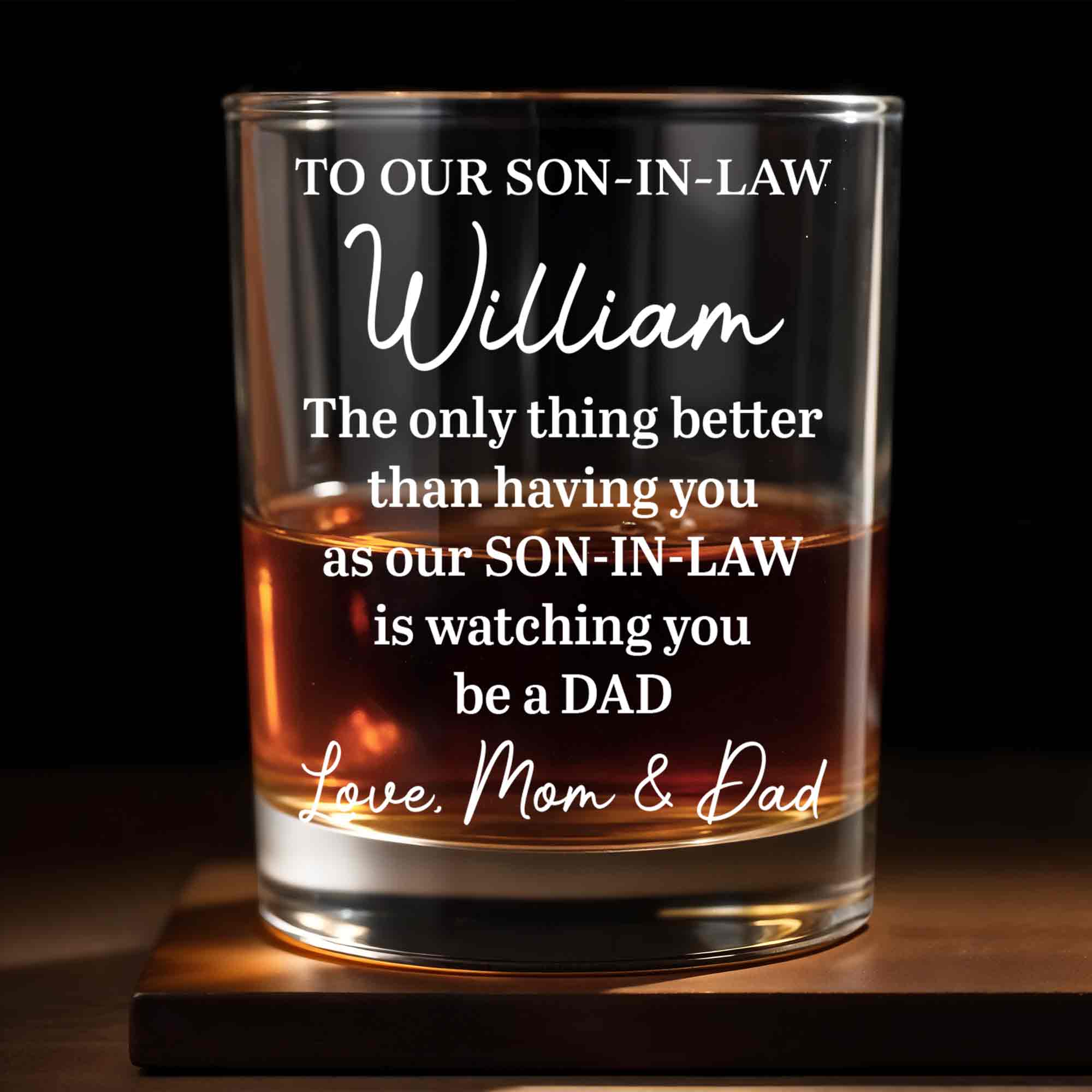To Our Son In Law Watching You Be A Dad Engraved Design - Personalized Custom Whiskey Glass - SILA080_RWG