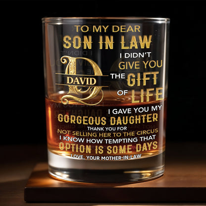To My Dear Son In Law Custom Golden Alphabet Art - Personalized Custom Whiskey Glass - SILA086_RWG