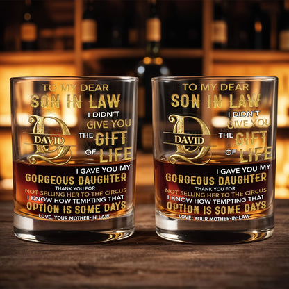 To My Dear Son In Law Custom Golden Alphabet Art - Personalized Custom Whiskey Glass - SILA086_RWG
