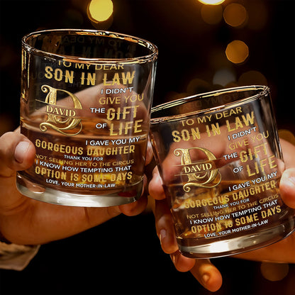 To My Dear Son In Law Custom Golden Alphabet Art - Personalized Custom Whiskey Glass - SILA086_RWG