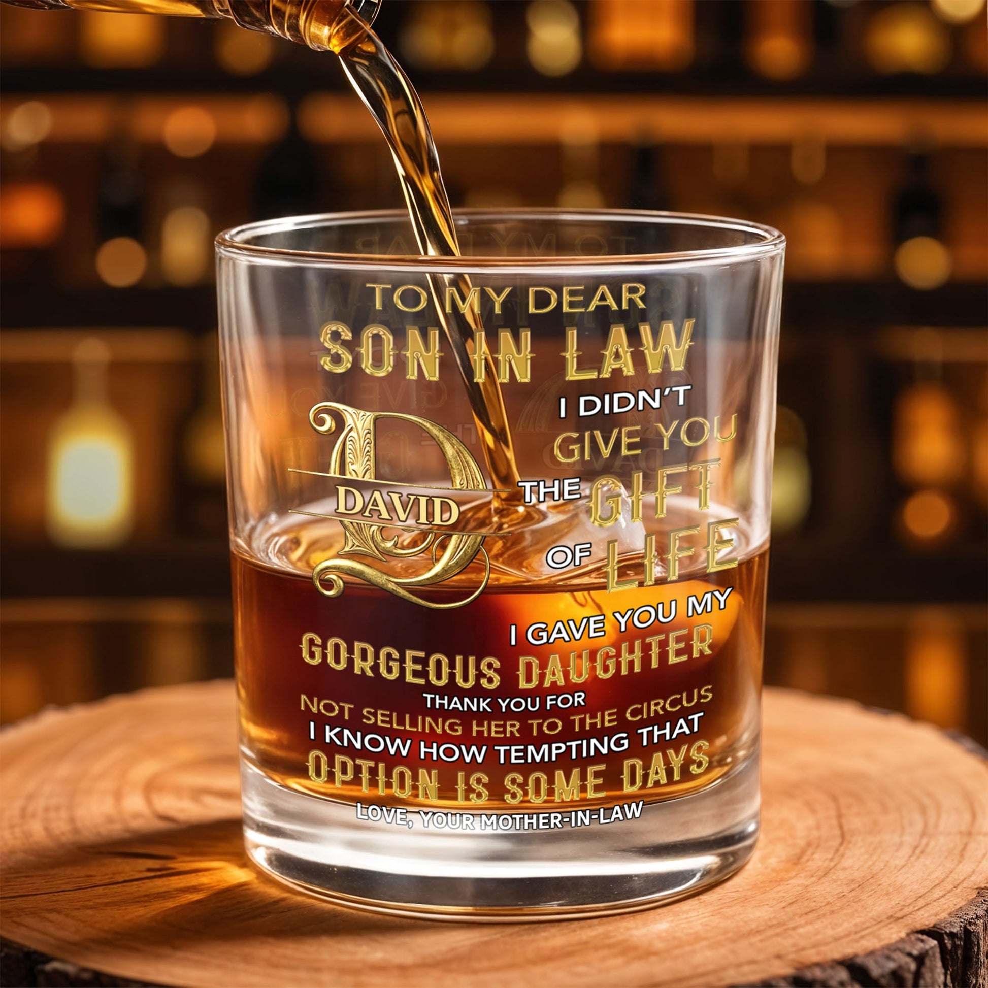 To My Dear Son In Law Custom Golden Alphabet Art - Personalized Custom Whiskey Glass - SILA086_RWG