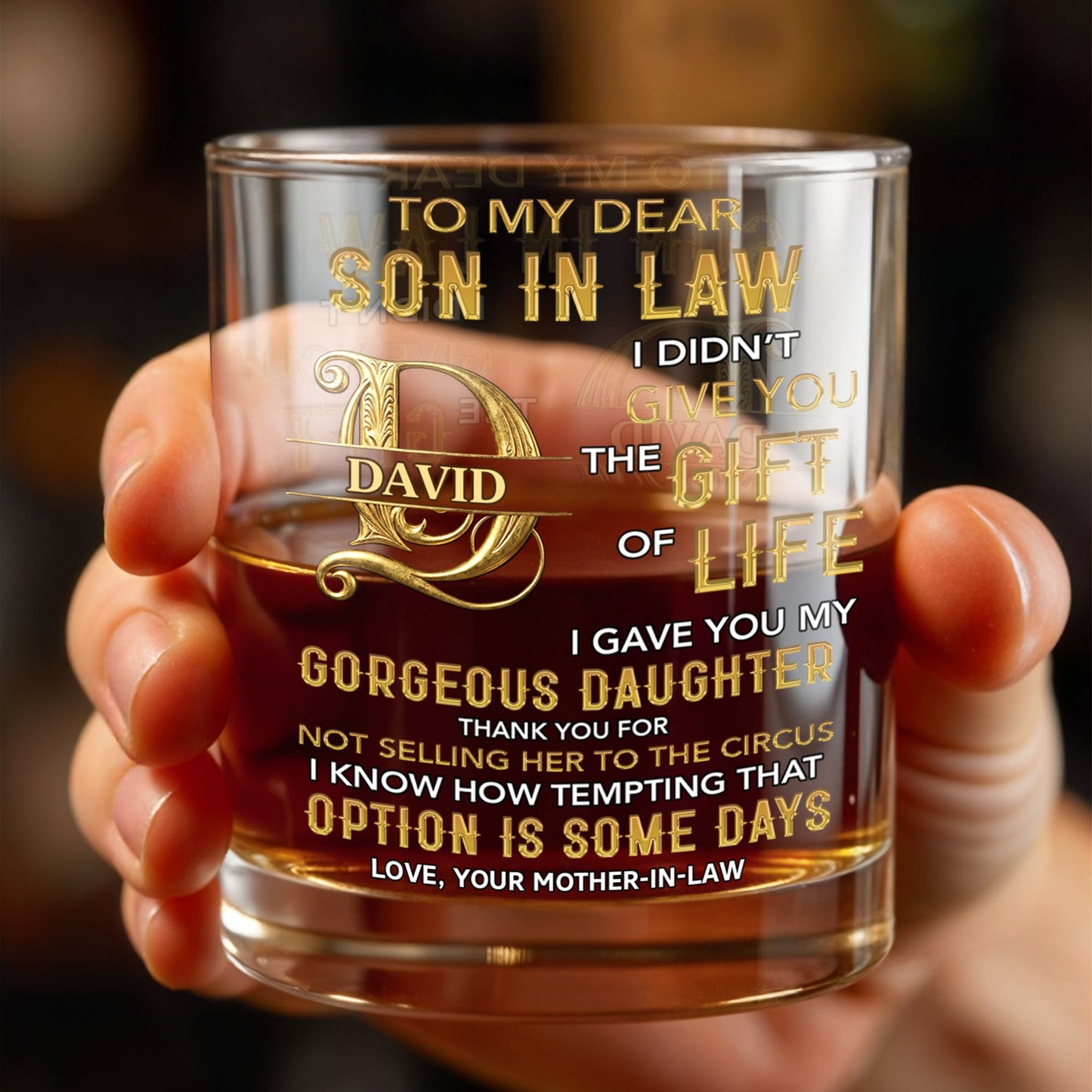 To My Dear Son In Law Custom Golden Alphabet Art - Personalized Custom Whiskey Glass - SILA086_RWG
