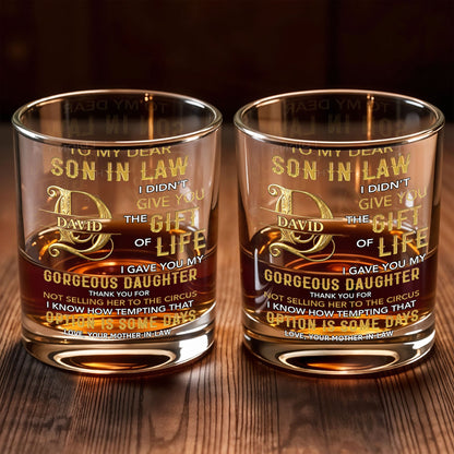 To My Dear Son In Law Custom Golden Alphabet Art - Personalized Custom Whiskey Glass - SILA086_RWG