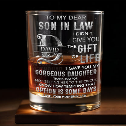 To My Dear Son In Law Monogram Initial Gift Of Life - Personalized Custom Whiskey Glass - SILA089_RWG