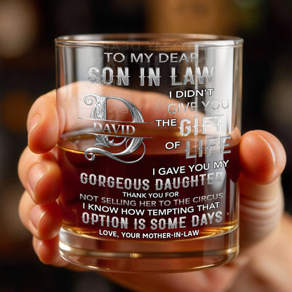 To My Dear Son In Law Monogram Initial Gift Of Life - Personalized Custom Whiskey Glass - SILA089_RWG