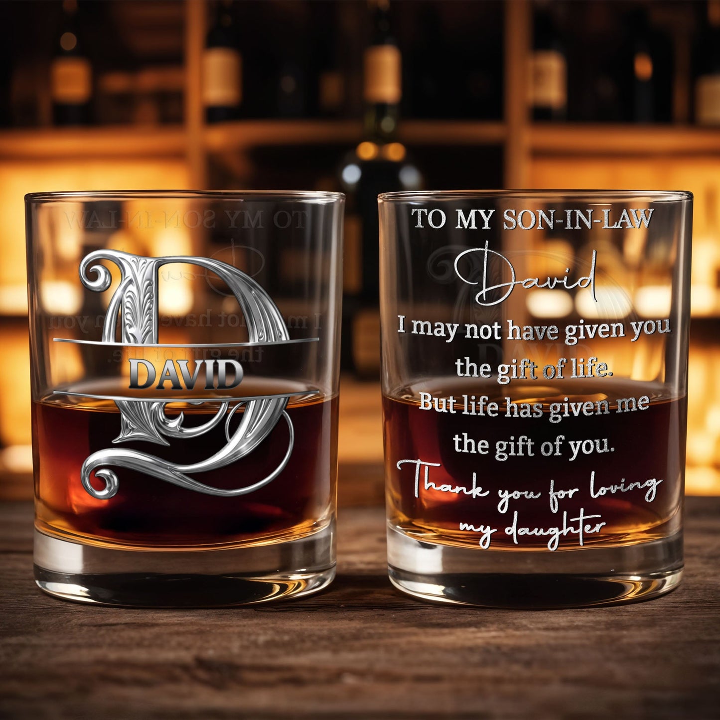 To My Son In Law Life Has Given Me The Gift Of You Monogram Initial - Personalized Custom Whiskey Glass - SILA090_RWG