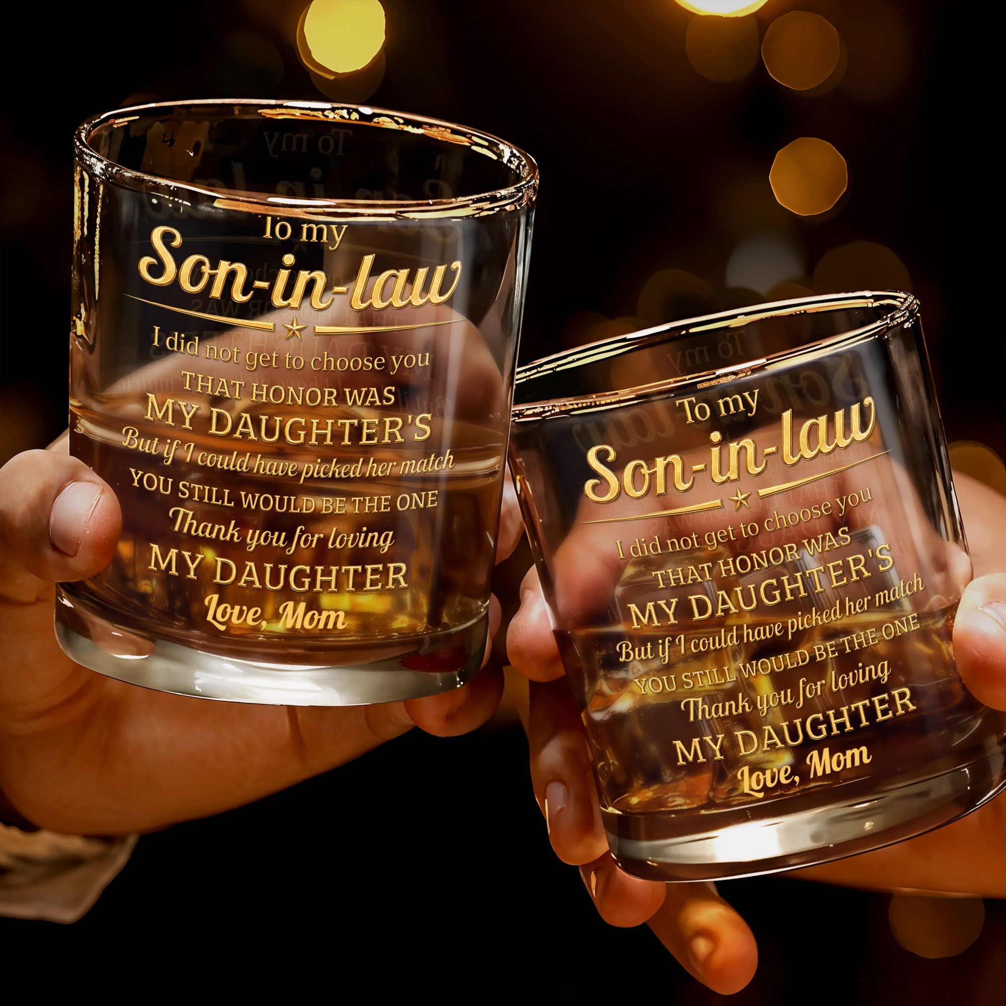 To My Son-in-law, Thank You For Loving My Daughter Golden Star - Personalized Custom Whiskey Glass - SILA091_RWG