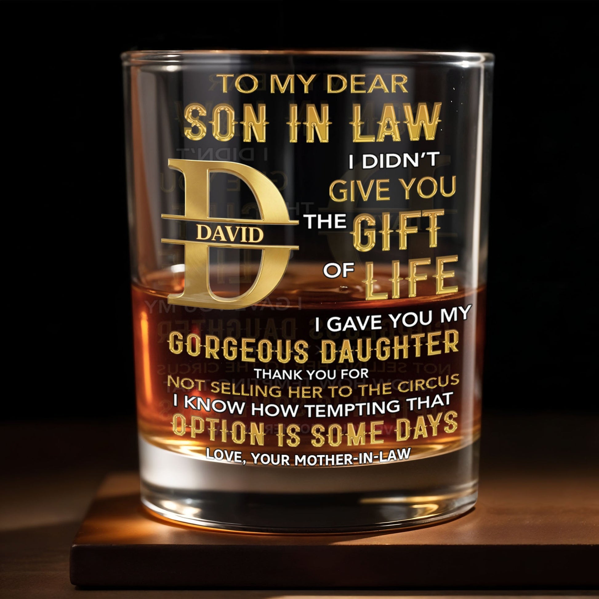 To My Dear Son In Law Golden Alphabet Art Monogram - Personalized Custom Whiskey Glass - SILA092_RWG