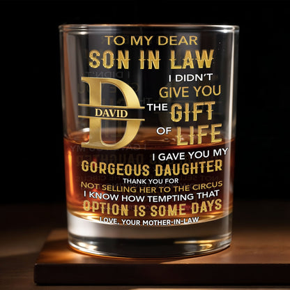 To My Dear Son In Law Golden Alphabet Art Monogram - Personalized Custom Whiskey Glass - SILA092_RWG