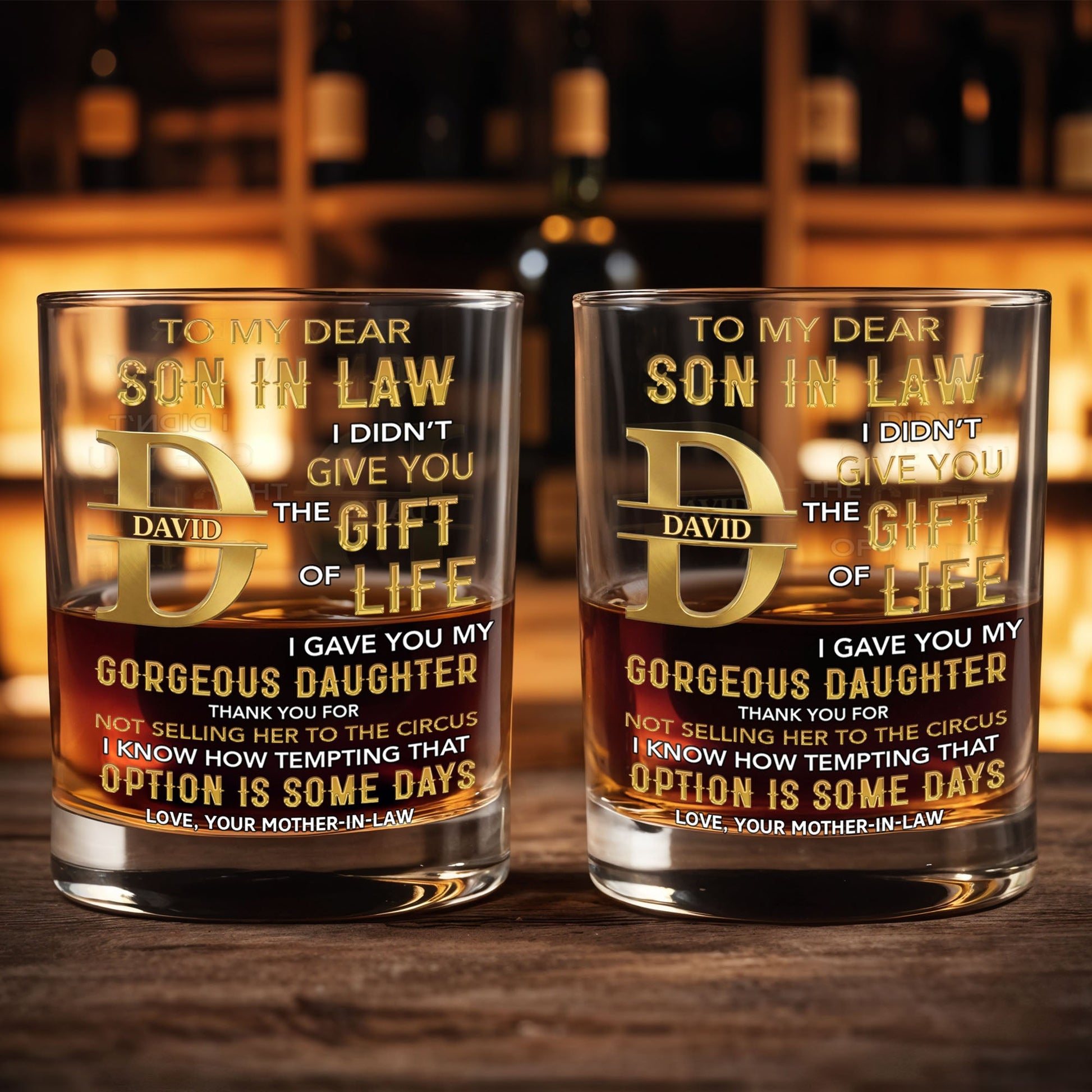 To My Dear Son In Law Golden Alphabet Art Monogram - Personalized Custom Whiskey Glass - SILA092_RWG