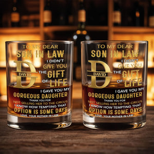 To My Dear Son In Law Golden Alphabet Art Monogram - Personalized Custom Whiskey Glass - SILA092_RWG
