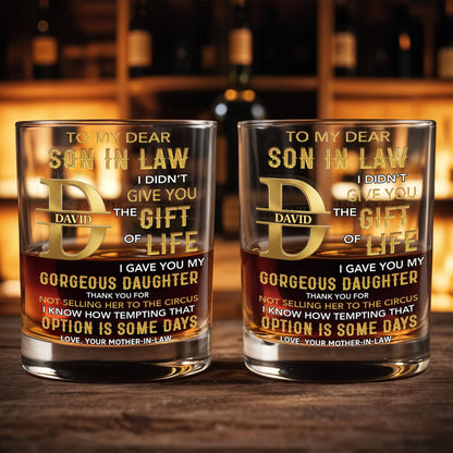 To My Dear Son In Law Golden Alphabet Art Monogram - Personalized Custom Whiskey Glass - SILA092_RWG