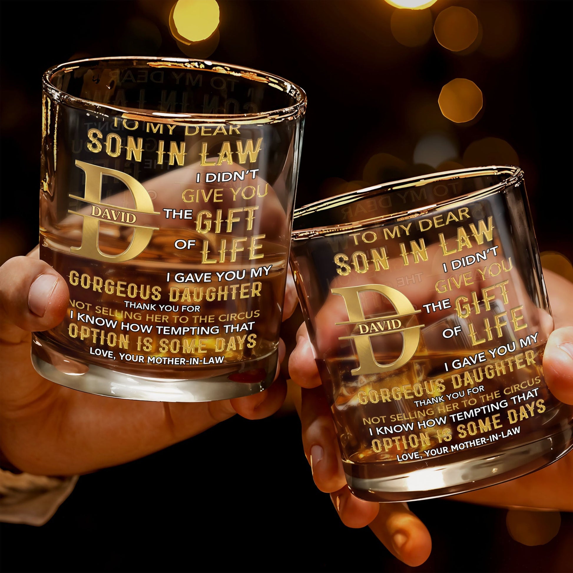 To My Dear Son In Law Golden Alphabet Art Monogram - Personalized Custom Whiskey Glass - SILA092_RWG