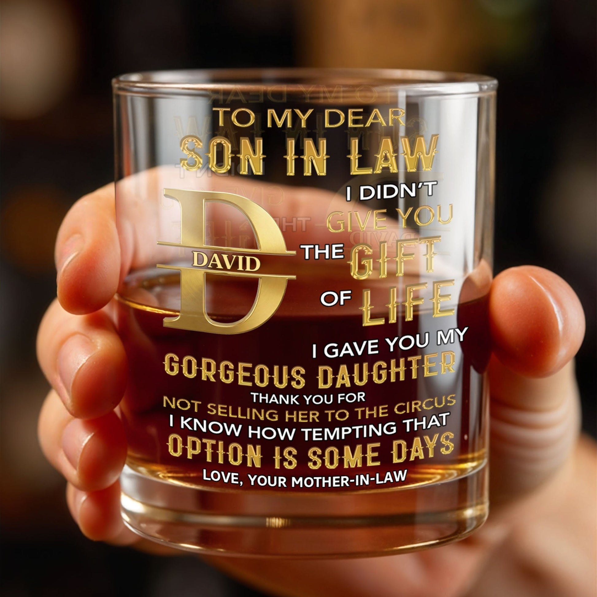 To My Dear Son In Law Golden Alphabet Art Monogram - Personalized Custom Whiskey Glass - SILA092_RWG