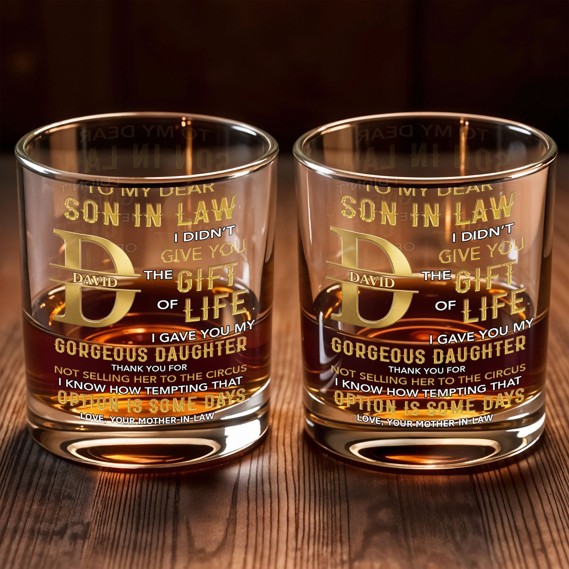 To My Dear Son In Law Golden Alphabet Art Monogram - Personalized Custom Whiskey Glass - SILA092_RWG