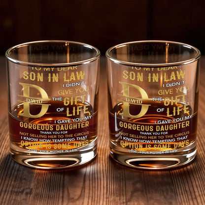 To My Dear Son In Law Golden Alphabet Art Monogram - Personalized Custom Whiskey Glass - SILA092_RWG