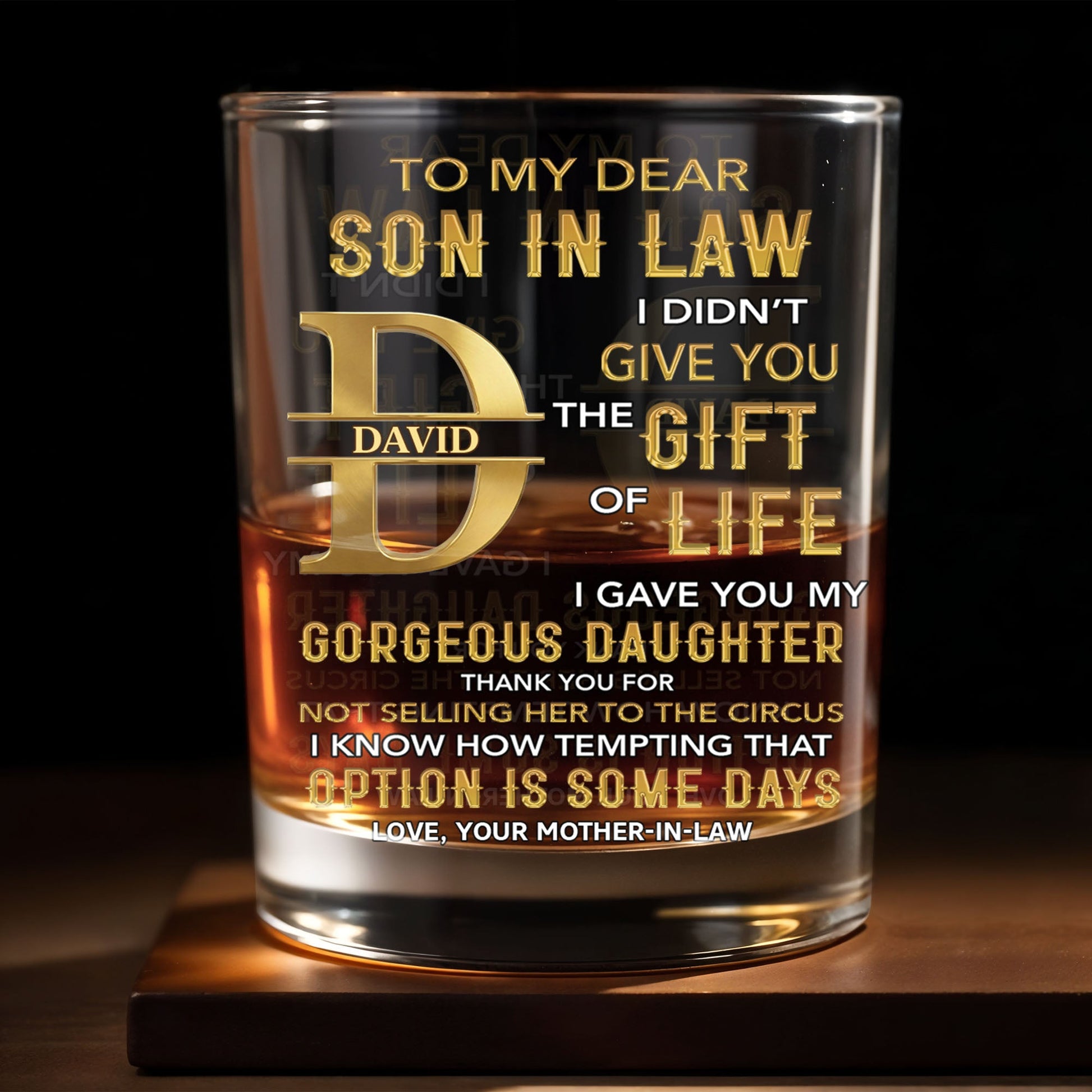 To My Dear Son In Law Golden Alphabet Art Monogram - Personalized Custom Whiskey Glass - SILA092_RWG