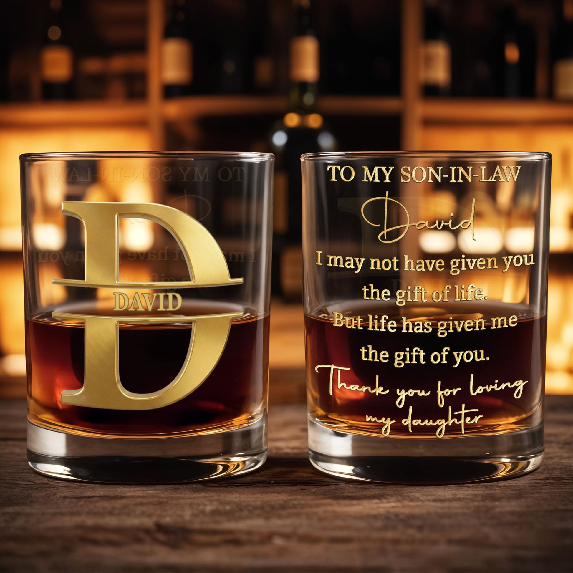 To My Son In Law Gift Of Life Golden Alphabet Art - Personalized Custom Whiskey Glass - SILA093_RWG