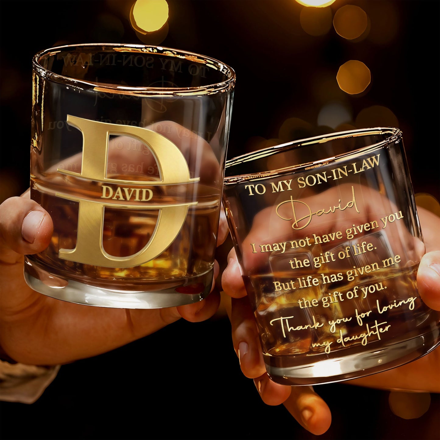 To My Son In Law Gift Of Life Golden Alphabet Art - Personalized Custom Whiskey Glass - SILA093_RWG