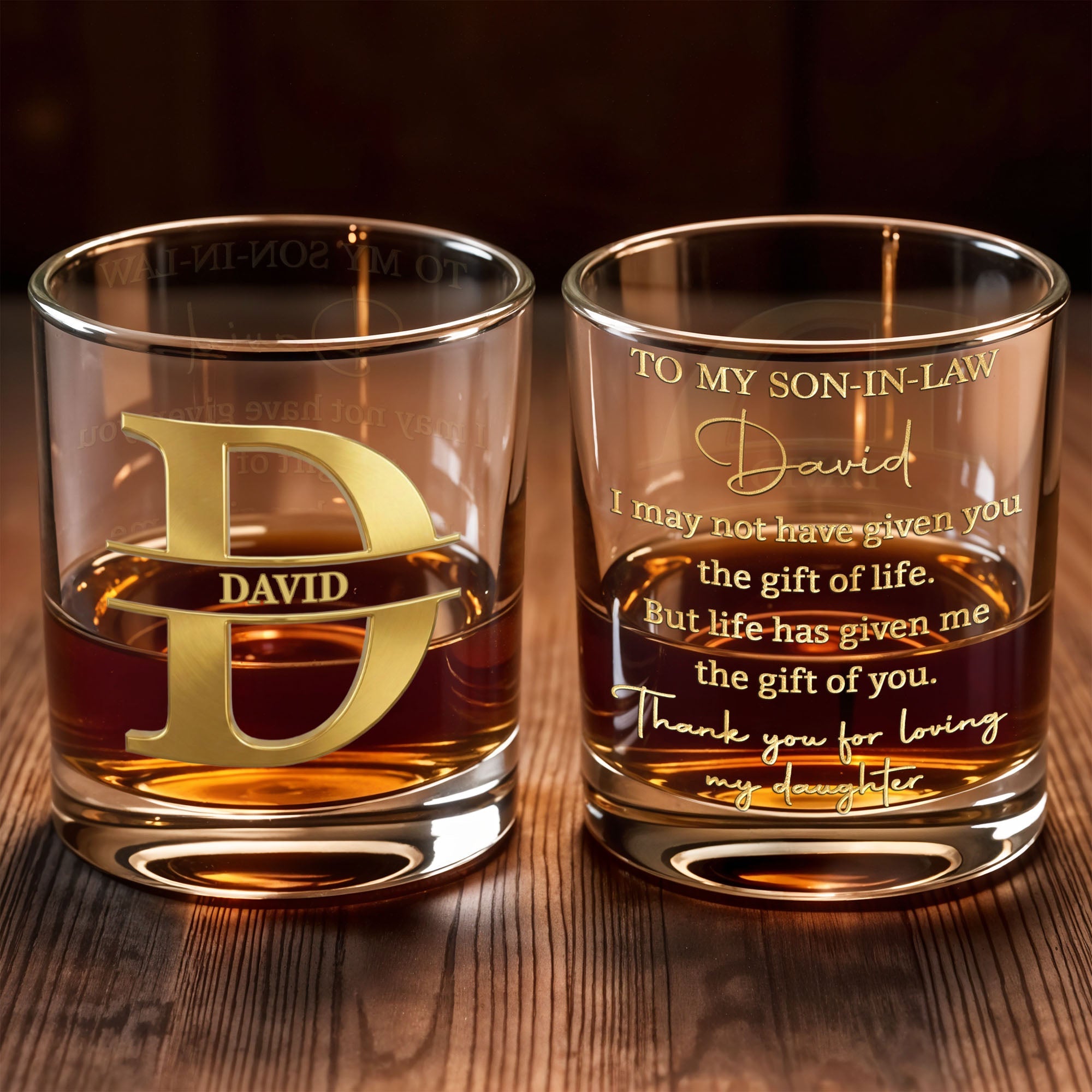 To My Son In Law Gift Of Life Golden Alphabet Art - Personalized Custom Whiskey Glass - SILA093_RWG