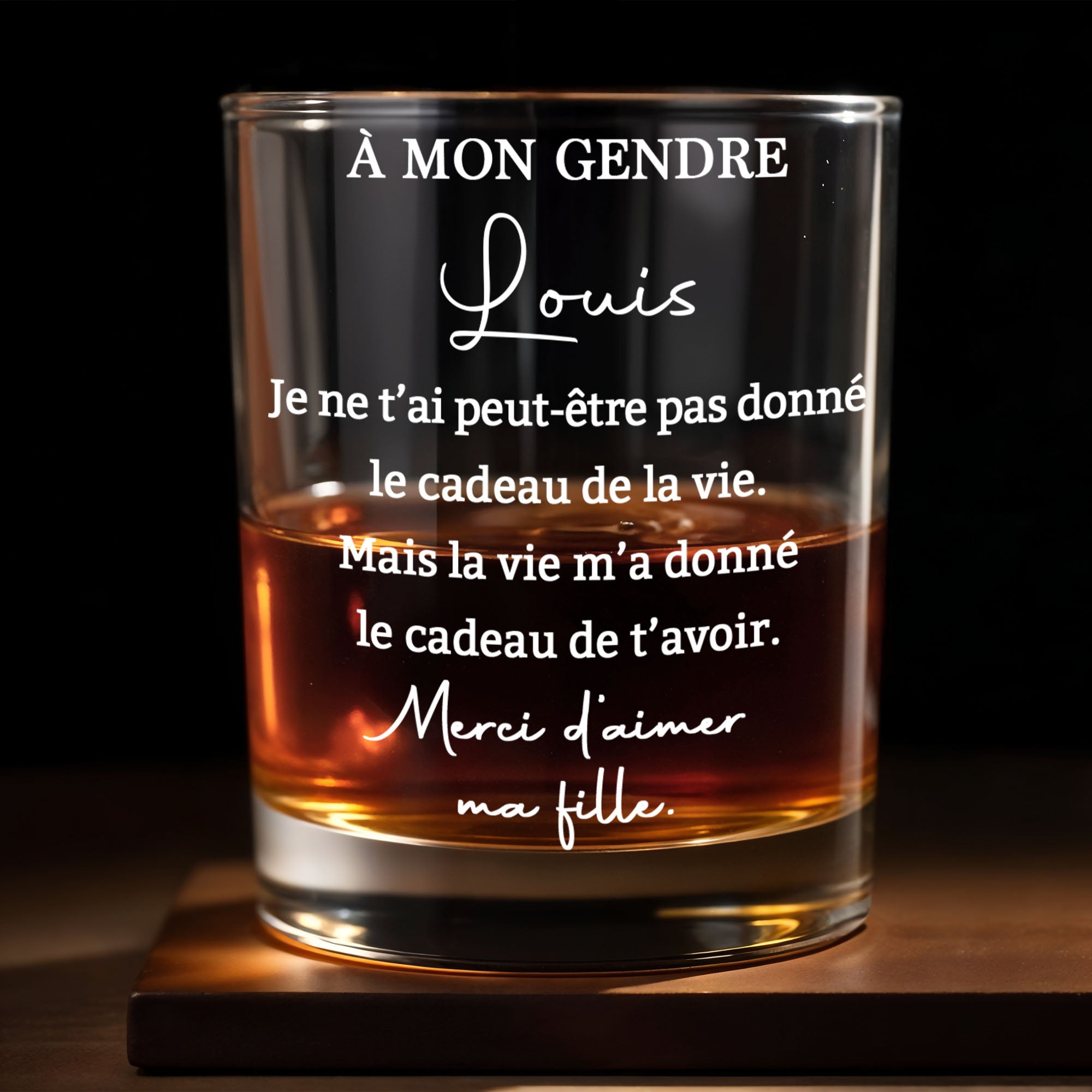 À Mon Gendre Life Gift Merci D’aimer Ma Fille Text - Personalized Custom Whiskey Glass - SILA095_RWG