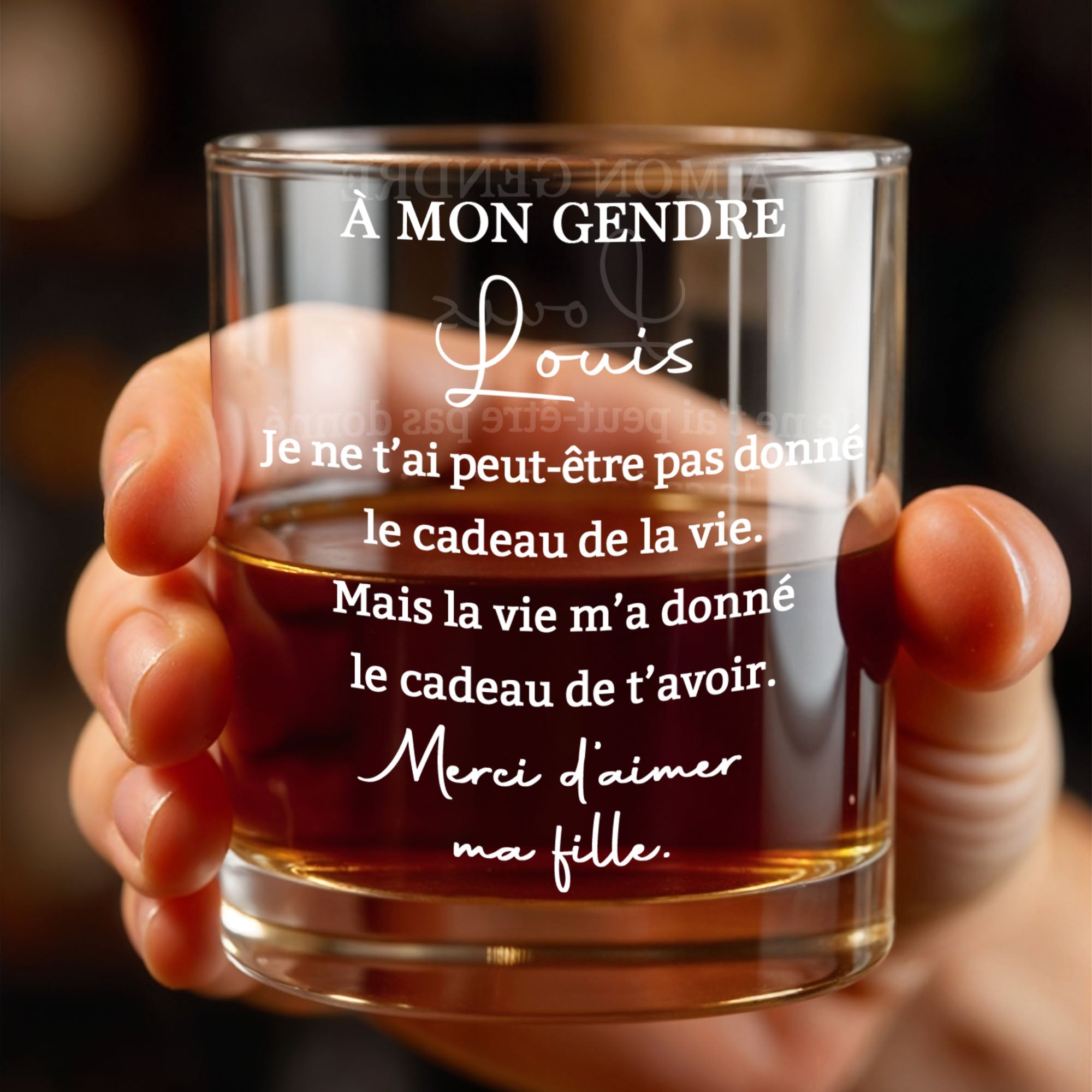 À Mon Gendre Life Gift Merci D’aimer Ma Fille Text - Personalized Custom Whiskey Glass - SILA095_RWG