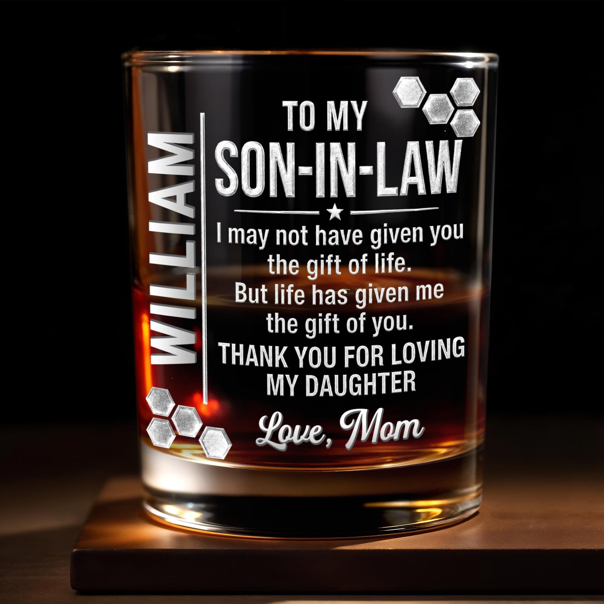 To My Son In Law Gift Of You Hexagon Pattern Custom Name - Personalized Custom Whiskey Glass - SILA100_RWG