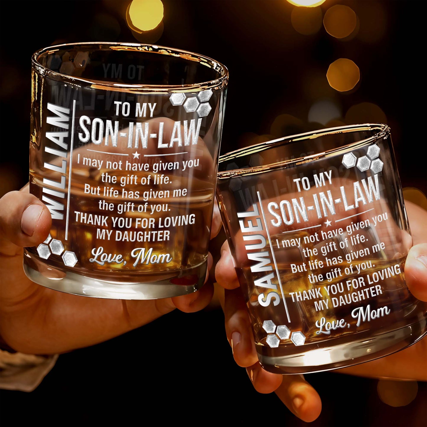To My Son In Law Gift Of You Hexagon Pattern Custom Name - Personalized Custom Whiskey Glass - SILA100_RWG