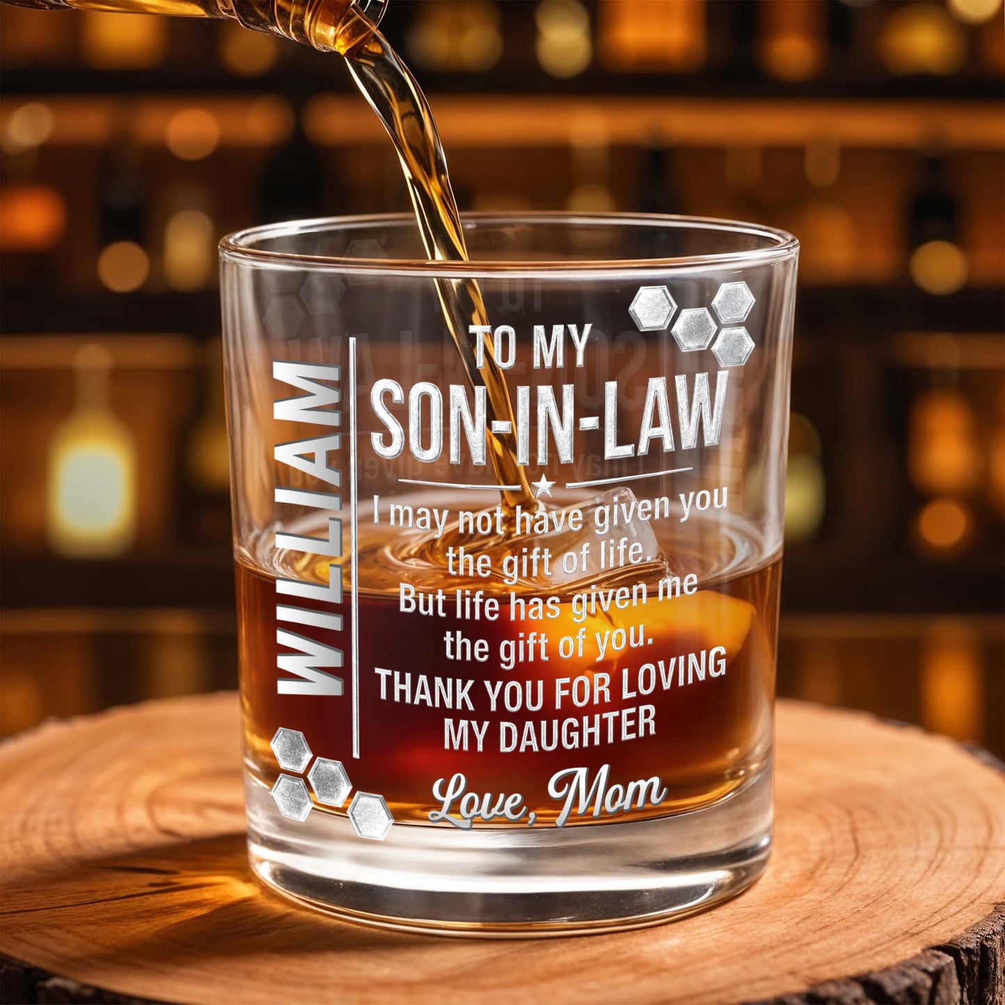 To My Son In Law Gift Of You Hexagon Pattern Custom Name - Personalized Custom Whiskey Glass - SILA100_RWG
