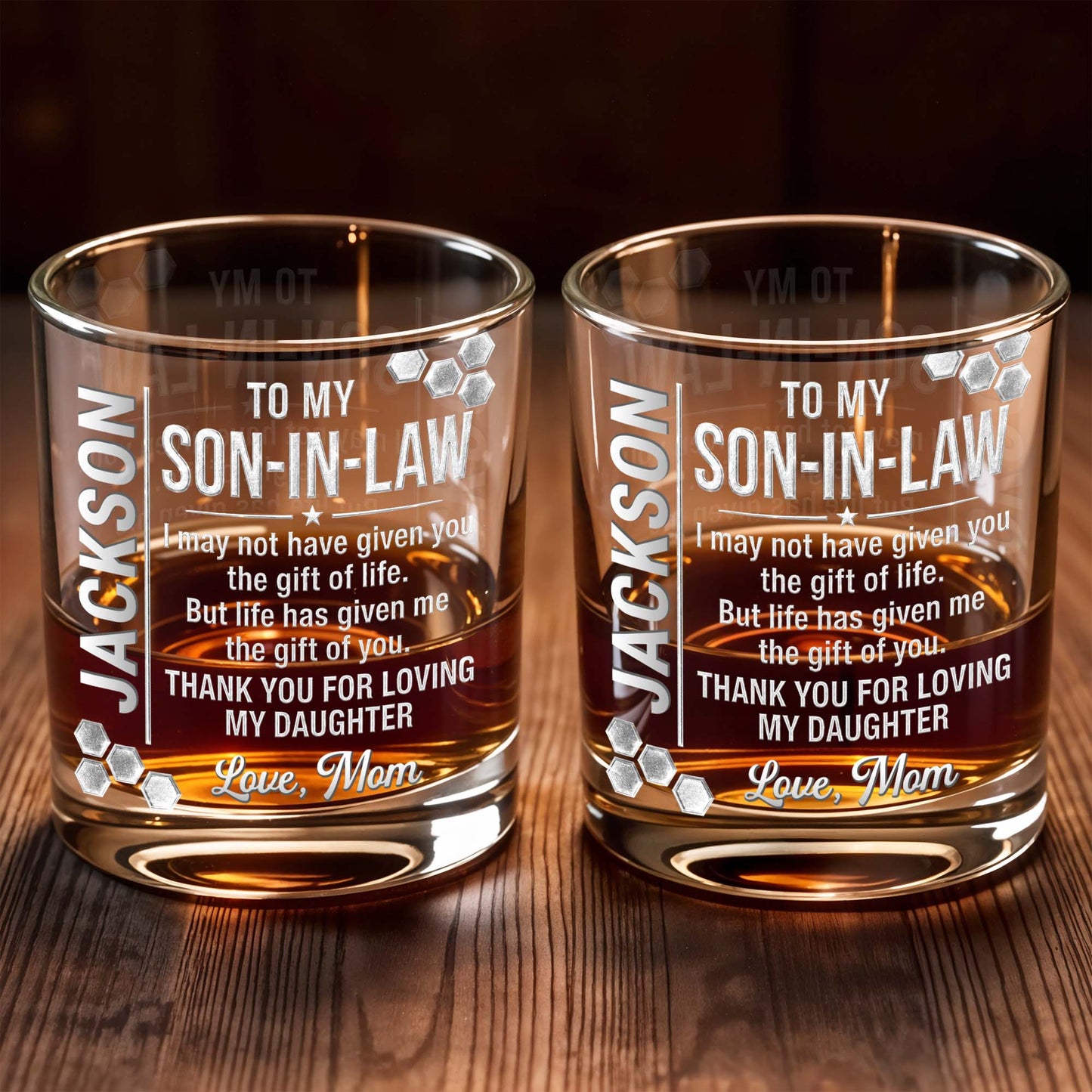 To My Son In Law Gift Of You Hexagon Pattern Custom Name - Personalized Custom Whiskey Glass - SILA100_RWG
