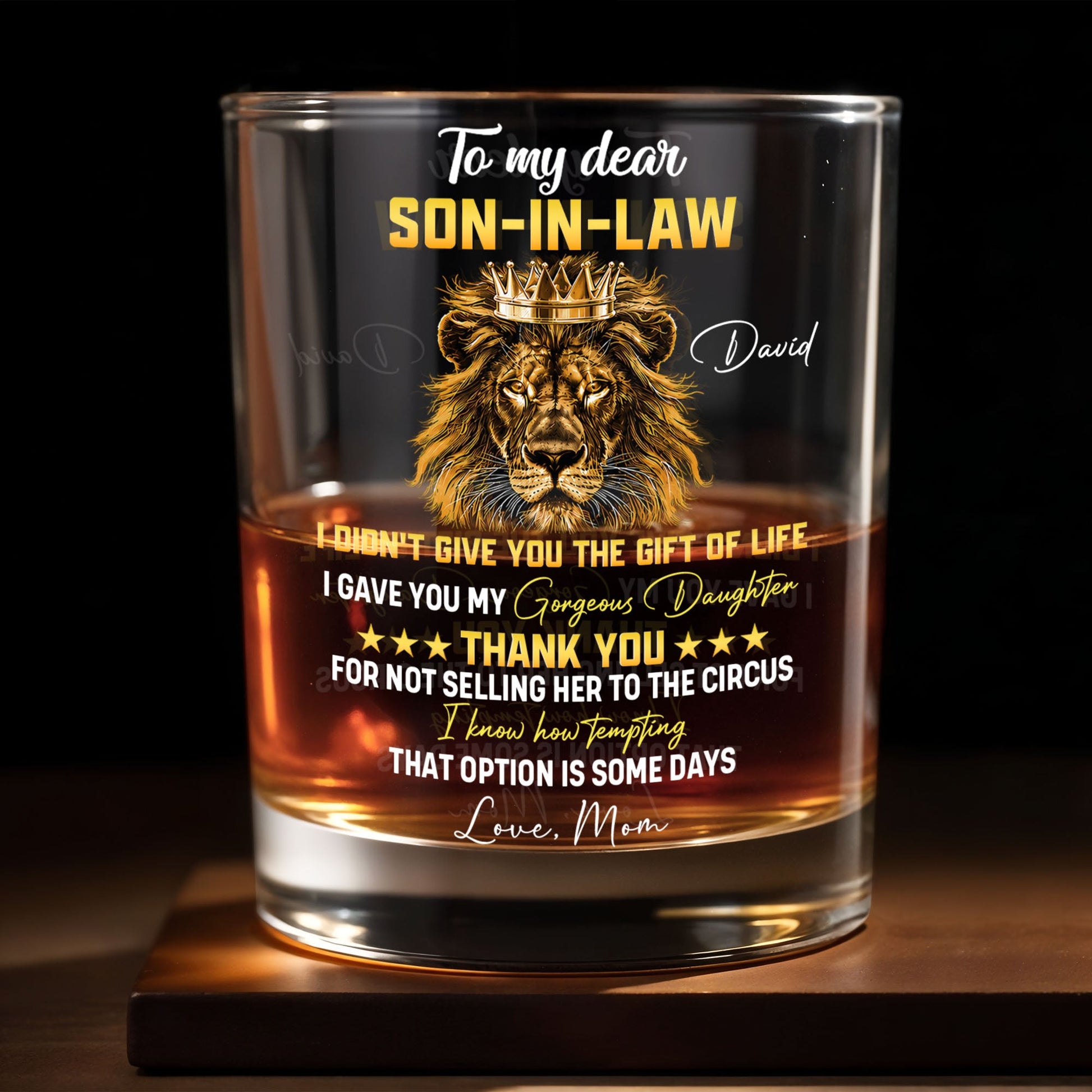 To My Dear Son In Law King Lion Crown Whiskey Glass - Personalized Custom Whiskey Glass - SILA104_RWG