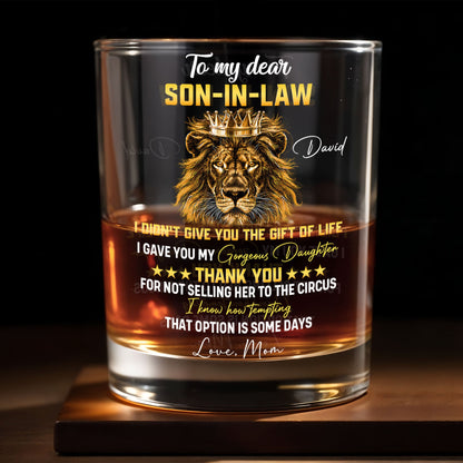 To My Dear Son In Law King Lion Crown Whiskey Glass - Personalized Custom Whiskey Glass - SILA104_RWG