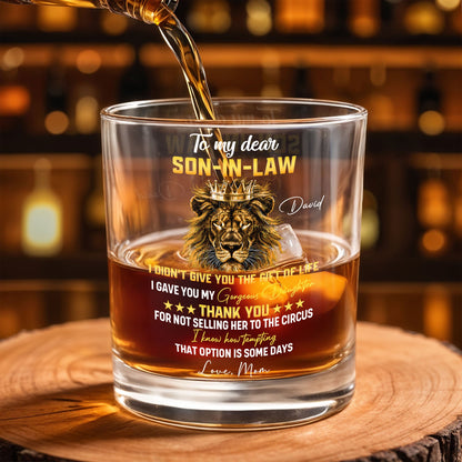 To My Dear Son In Law King Lion Crown Whiskey Glass - Personalized Custom Whiskey Glass - SILA104_RWG