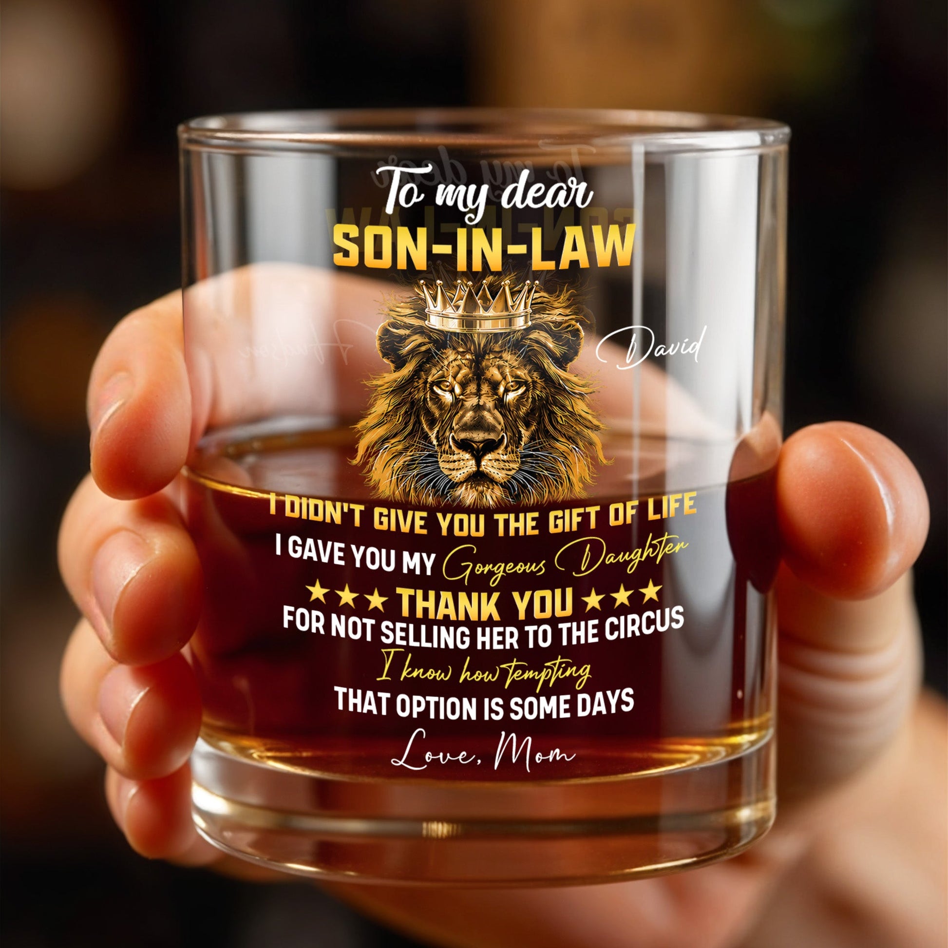 To My Dear Son In Law King Lion Crown Whiskey Glass - Personalized Custom Whiskey Glass - SILA104_RWG