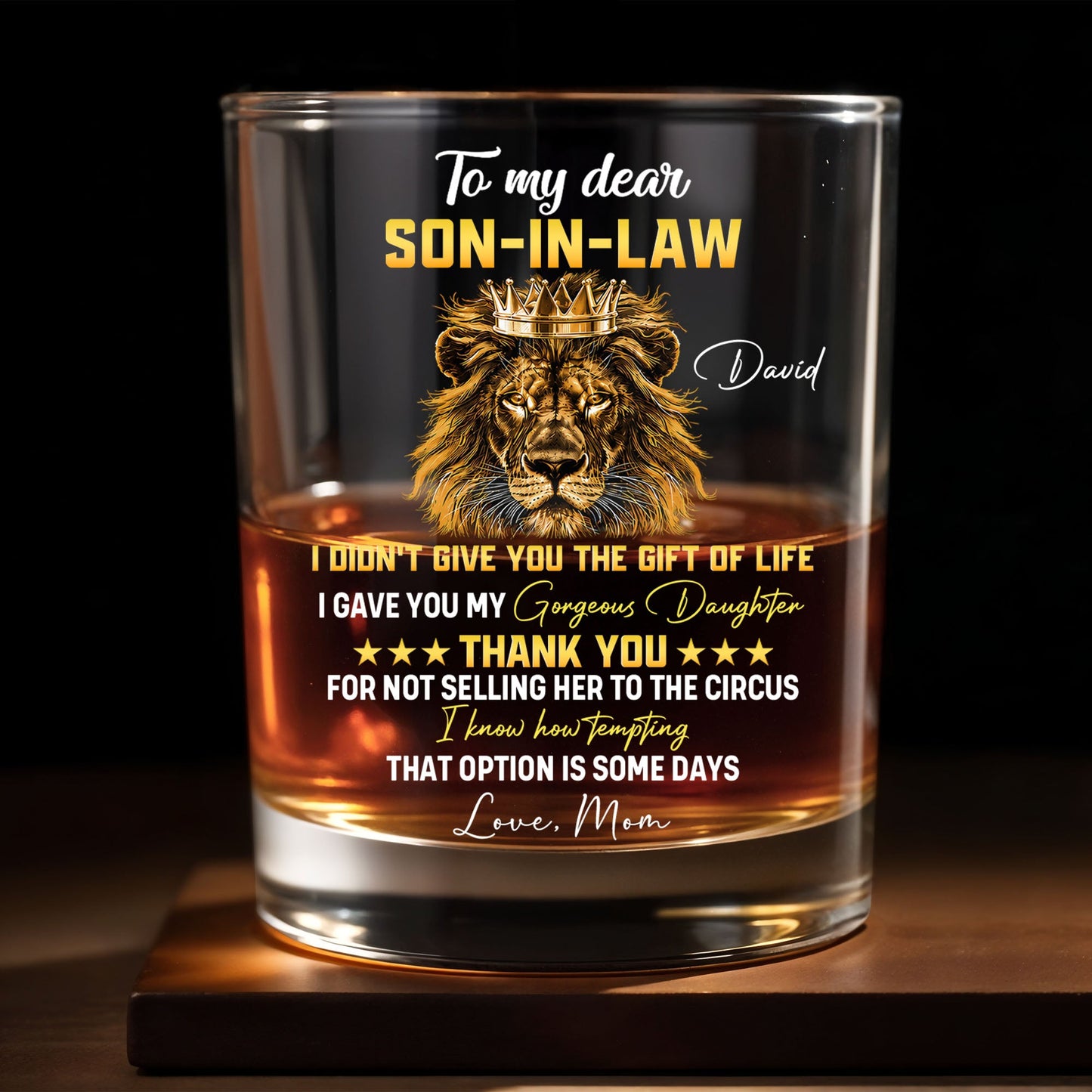 To My Dear Son In Law King Lion Crown Whiskey Glass - Personalized Custom Whiskey Glass - SILA104_RWG