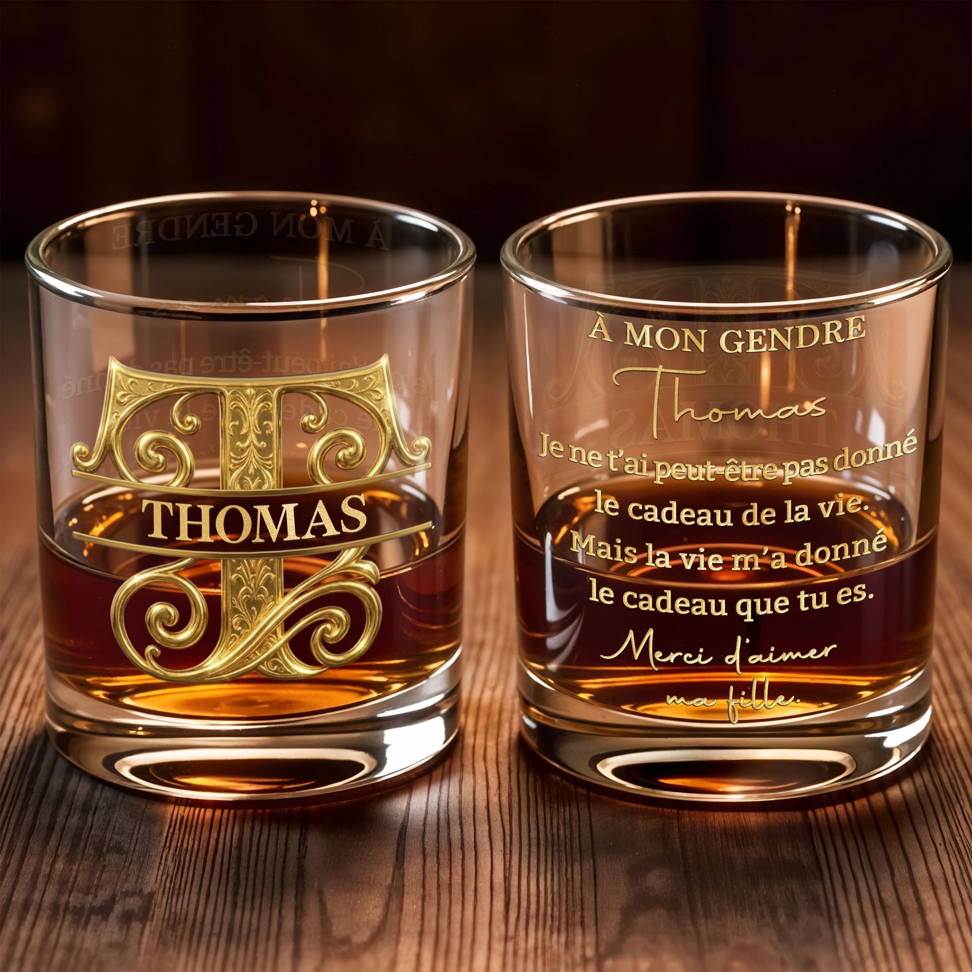 À Mon Gendre Monogram Initial Personalized Gold Lettering - Personalized Custom Whiskey Glass - SILA111_RWG