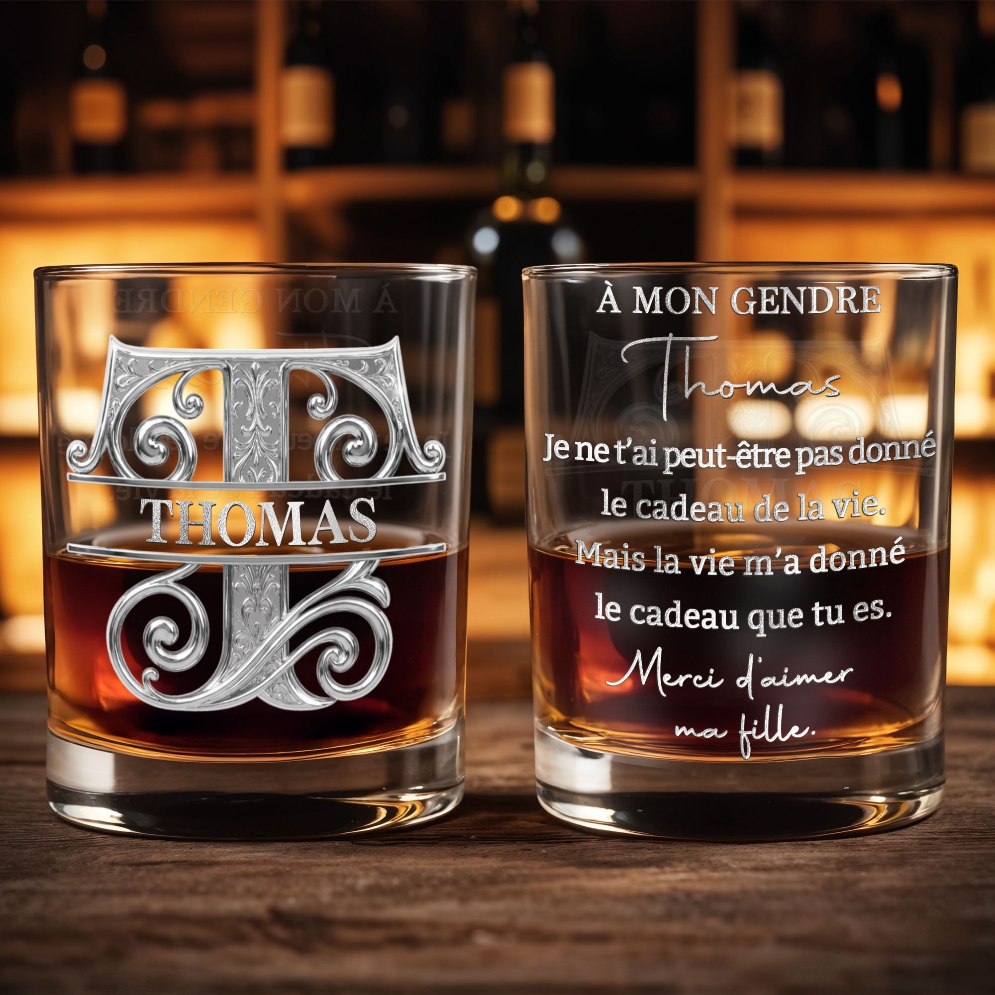 À Mon Gendre Life Gift Merci D'aimer Ma Fille Monogram Initial - Personalized Custom Whiskey Glass - SILA114_RWG