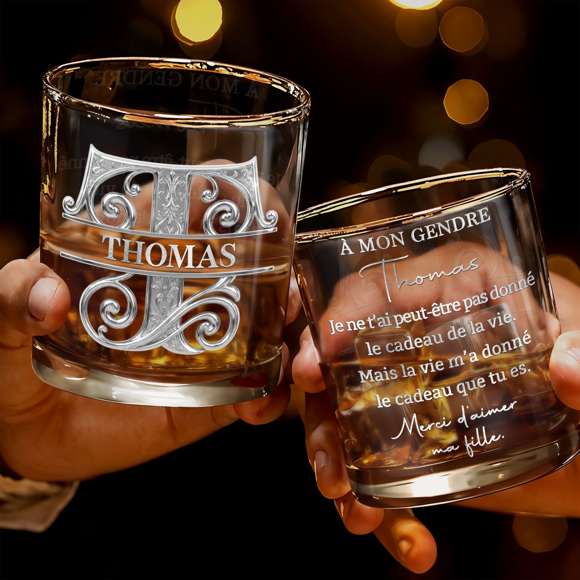 À Mon Gendre Life Gift Merci D'aimer Ma Fille Monogram Initial - Personalized Custom Whiskey Glass - SILA114_RWG