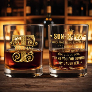To My Son Monogram Design With Custom Name And 3D Gold Effect Initial - Personalized Custom Whiskey Glass - SILA115_RWG