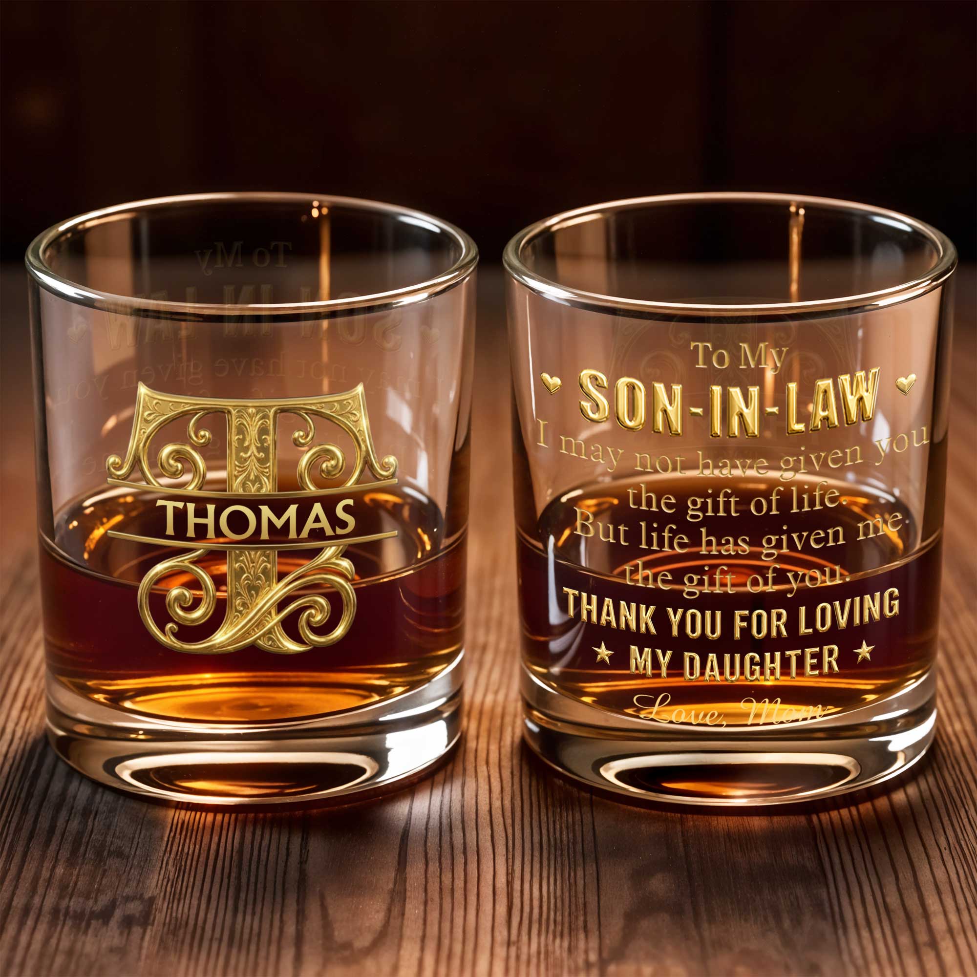 To My Son Monogram Design With Custom Name And 3D Gold Effect Initial - Personalized Custom Whiskey Glass - SILA115_RWG