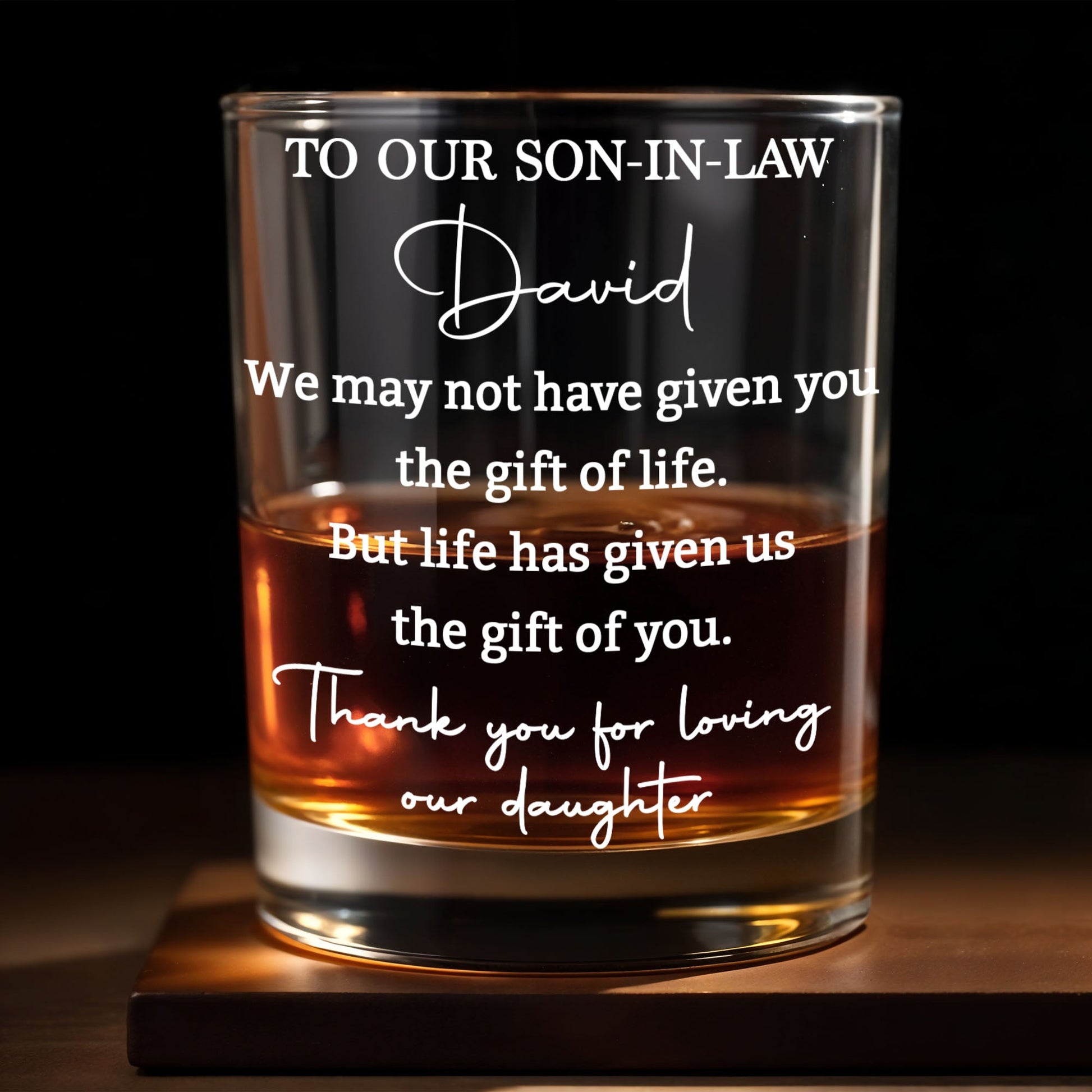 To Our Son In Law Gift Of You Loving Our Daughter Custom Typography - Personalized Custom Whiskey Glass - SILA116_RWG