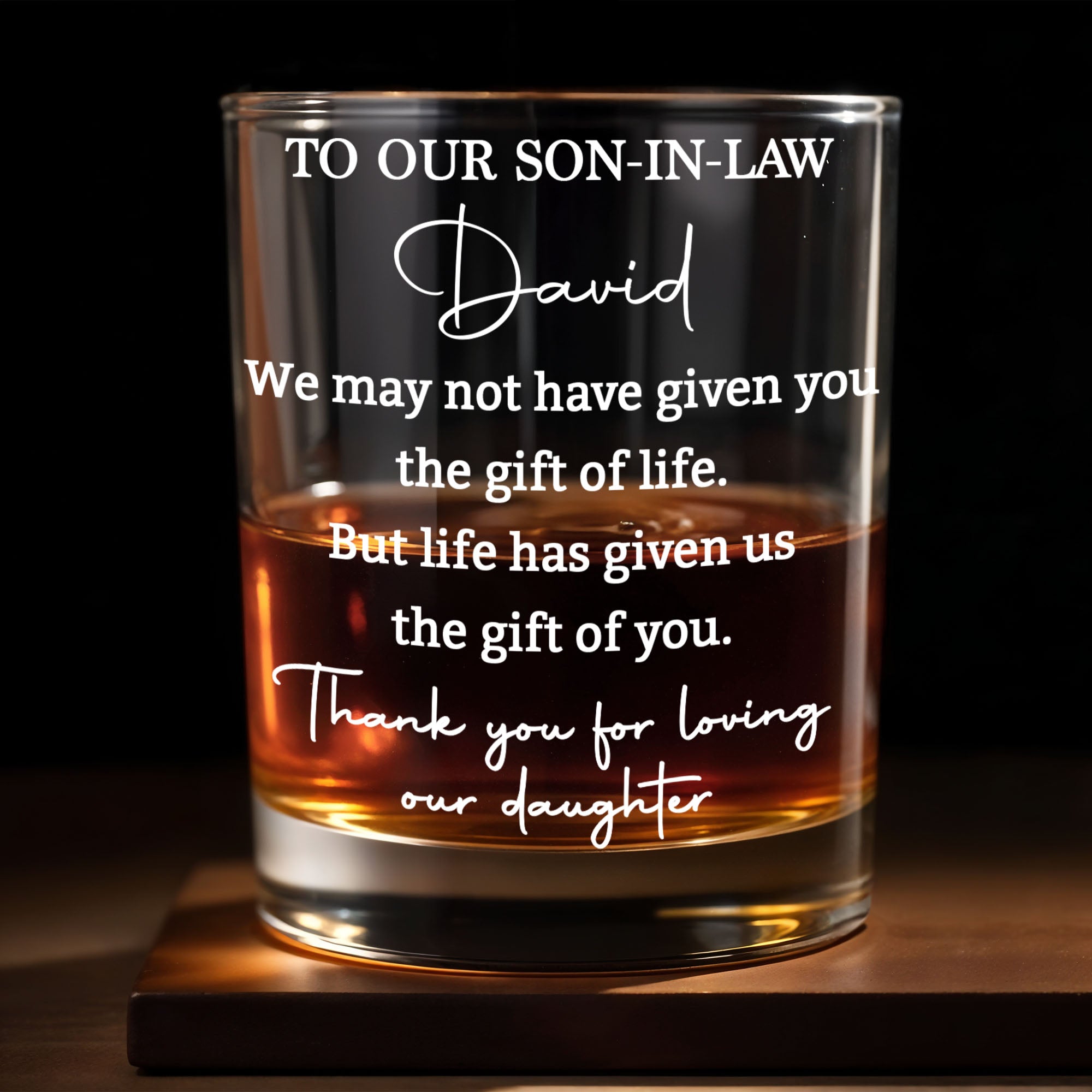 To Our Son In Law Gift Of You Loving Our Daughter Custom Typography - Personalized Custom Whiskey Glass - SILA116_RWG