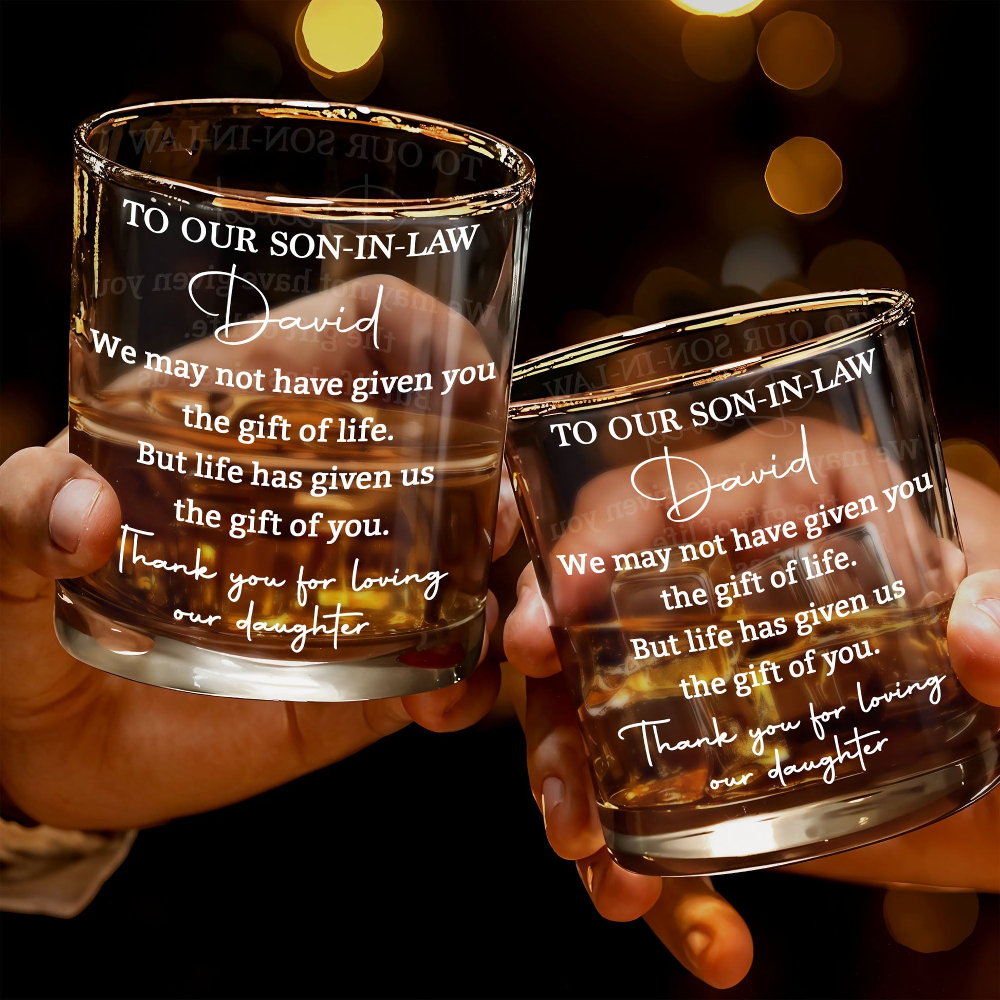 To Our Son In Law Gift Of You Loving Our Daughter Custom Typography - Personalized Custom Whiskey Glass - SILA116_RWG
