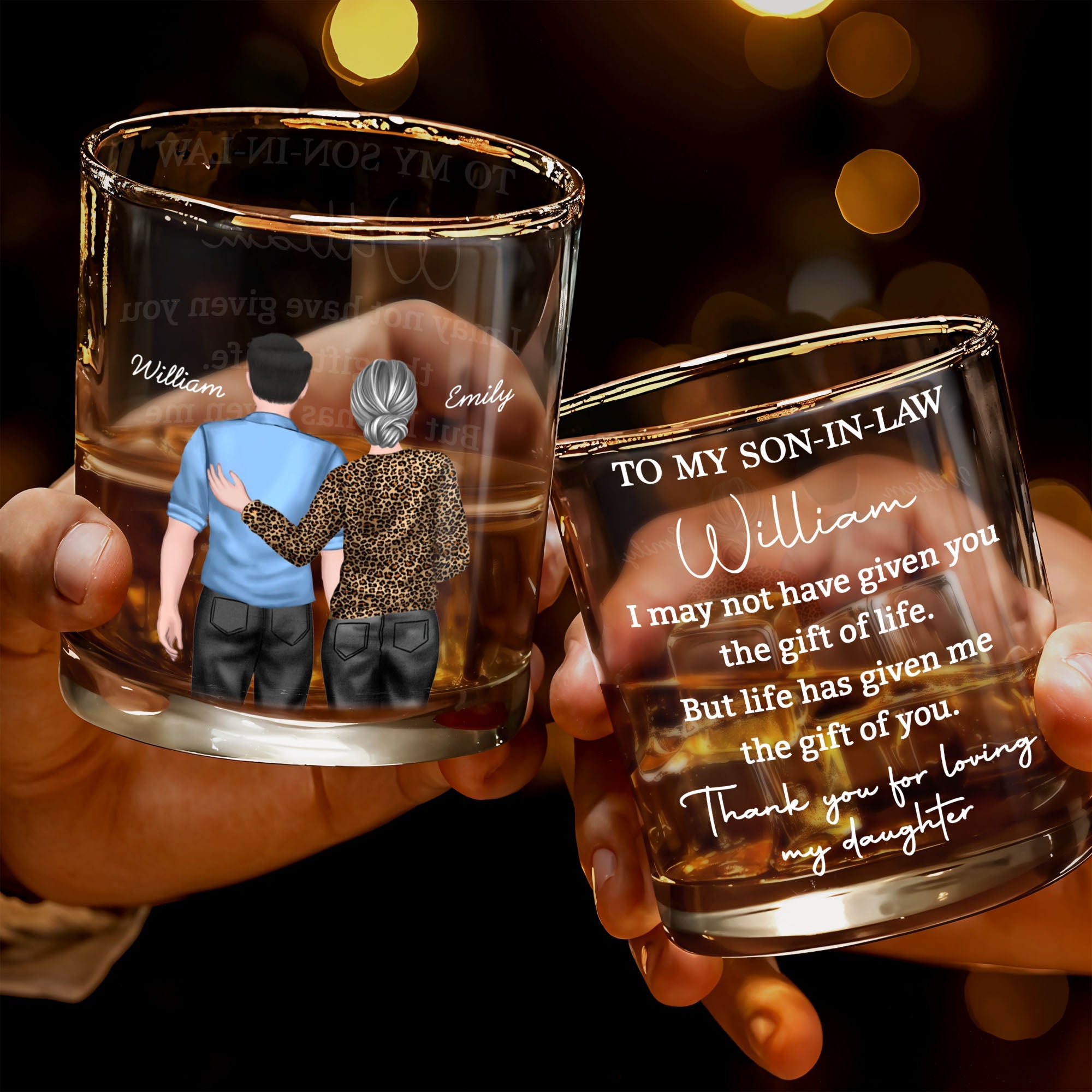 To My Son In Law Gift Of Life Man And Woman Design - Personalized Custom Whiskey Glass - SILA118_RWG