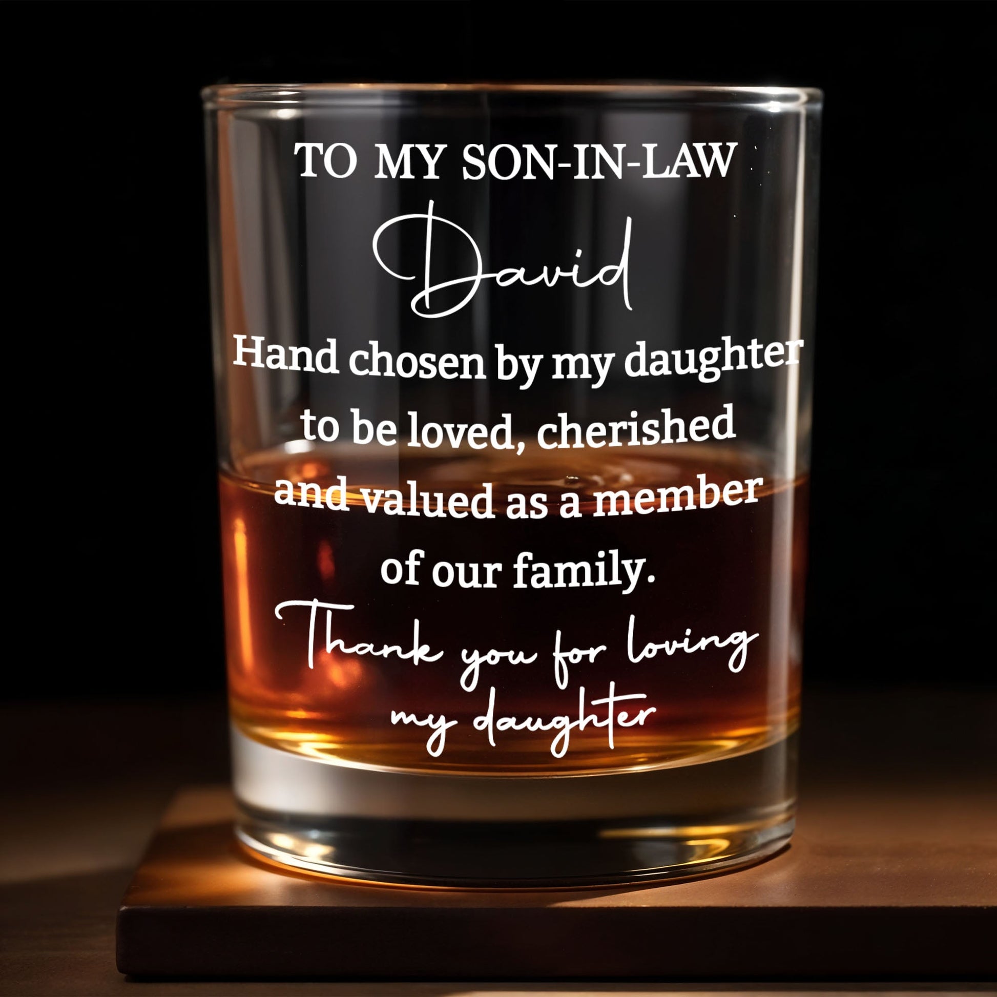 To My Son In Law Hand Chosen By My Daughter Typography - Personalized Custom Whiskey Glass - SILA122_RWG