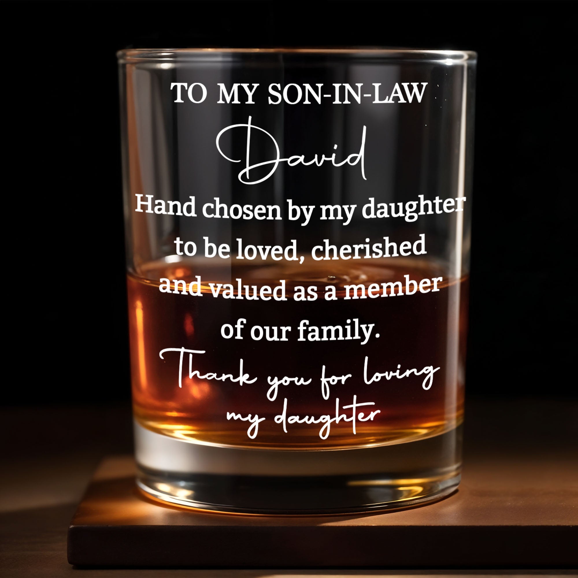 To My Son In Law Hand Chosen By My Daughter Typography - Personalized Custom Whiskey Glass - SILA122_RWG