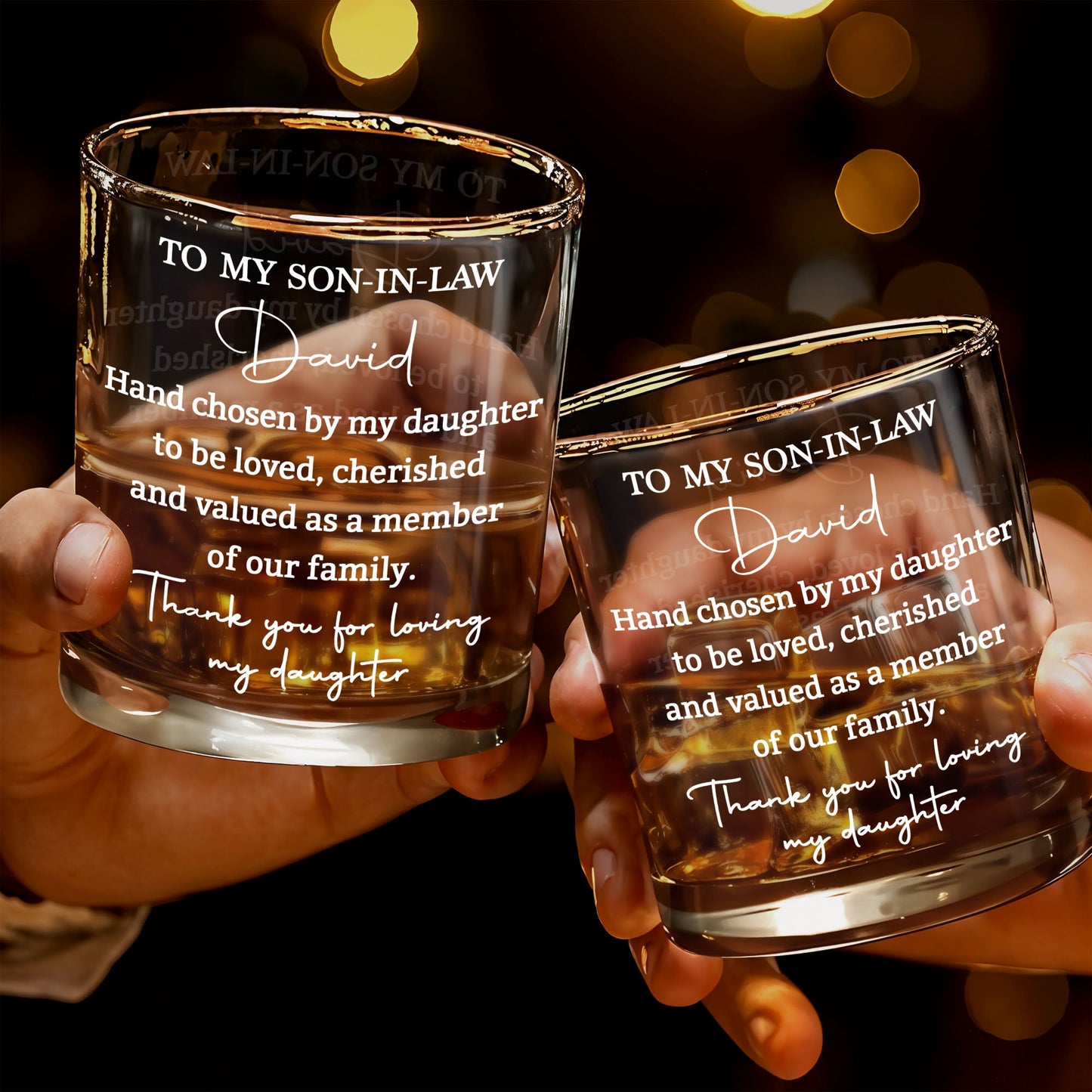 To My Son In Law Hand Chosen By My Daughter Typography - Personalized Custom Whiskey Glass - SILA122_RWG