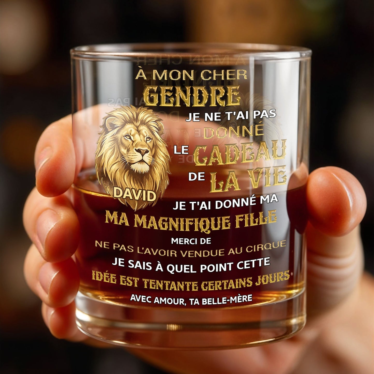 À Mon Cher Gendre Lion Art Gift For Son In Law - Personalized Custom Whiskey Glass - SILA124_RWG