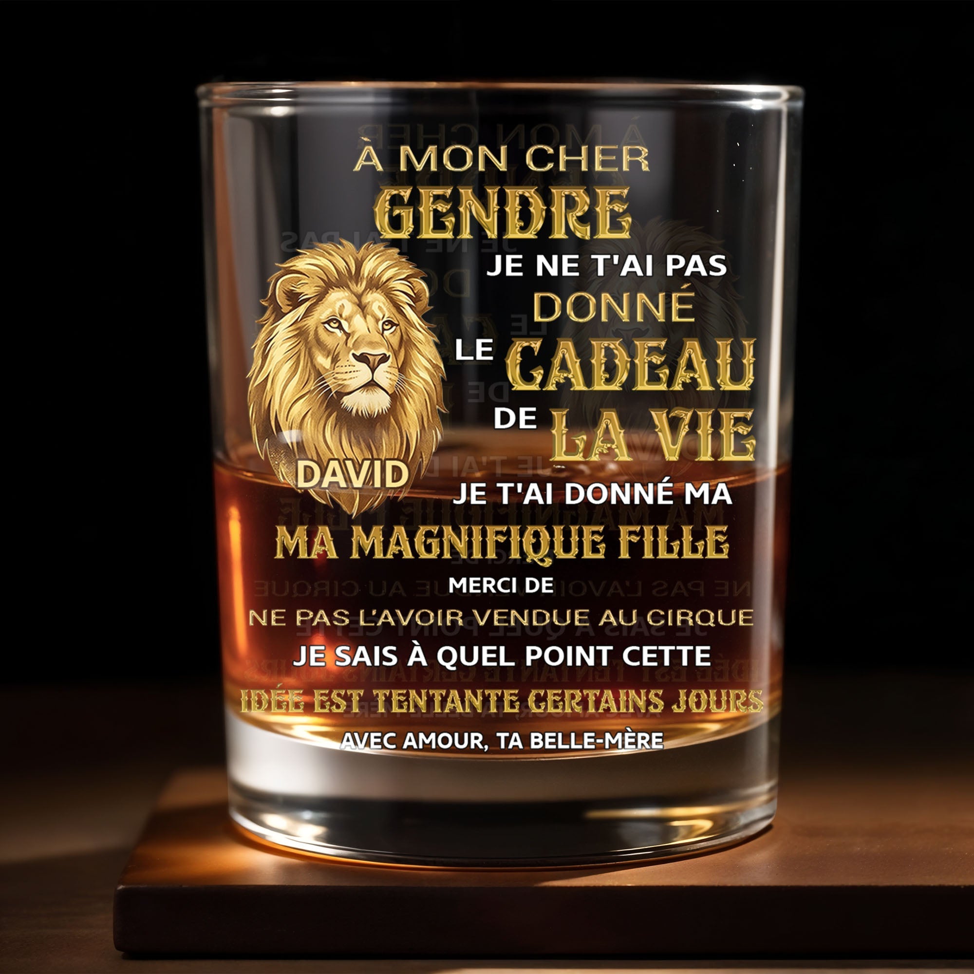 À Mon Cher Gendre Lion Art Gift For Son In Law - Personalized Custom Whiskey Glass - SILA124_RWG